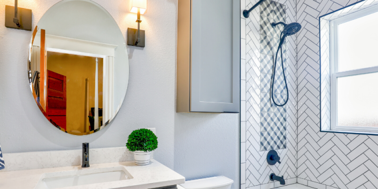 Herringbone bathroom tiles: Adding pattern to a classic white space